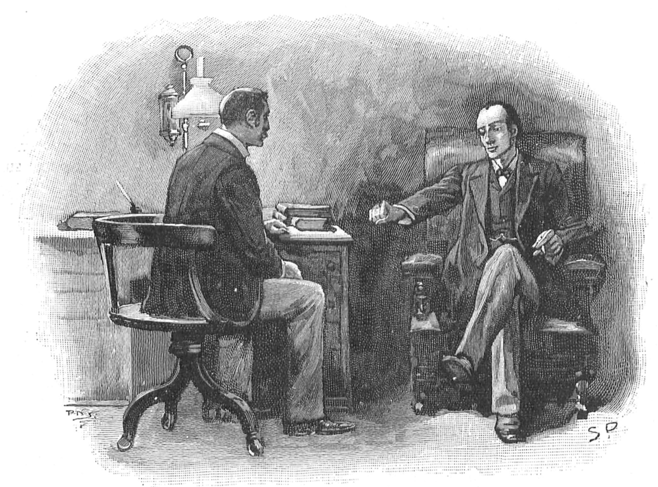 Alt Text (Texto Alternativo)
"Una ilustración grabada en blanco y negro de Sidney Paget. Muestra al Doctor Watson, sentado de espaldas y perfil derecho en una silla de oficina de madera, escuchando atentamente a Sherlock Holmes. Holmes está sentado enfrente, de frente y ligeramente girado, en un sillón tapizado con las piernas cruzadas. Holmes hace un gesto con su mano derecha levantada mientras sostiene un cigarrillo en la izquierda. Hay una mesa pequeña entre ellos con libros y tinteros, y un pequeño escritorio de fondo con una lámpara encendida. La atmósfera es intelectual y tensa. La firma de Sidney Paget 'SP' es visible en la esquina inferior derecha