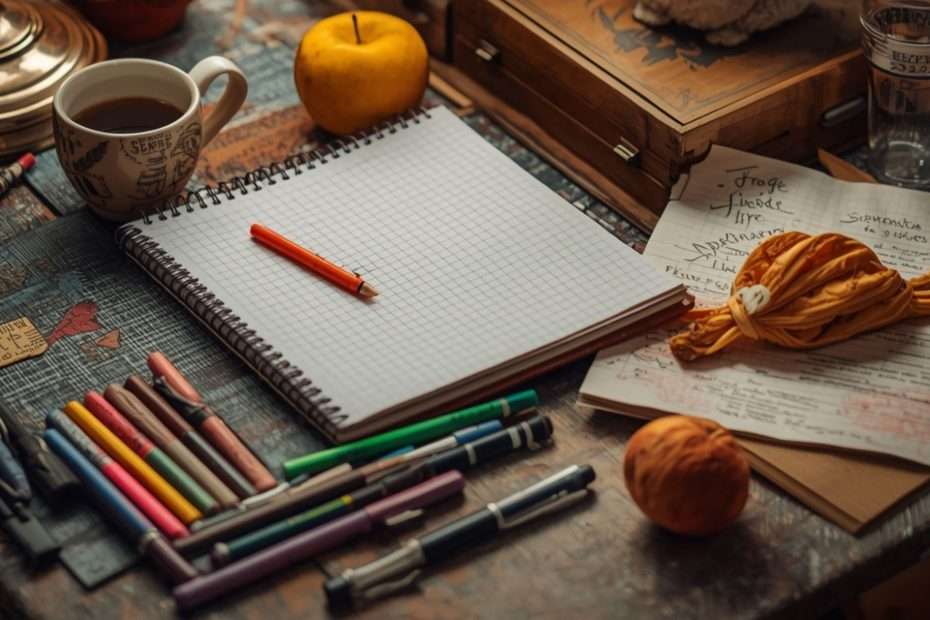 Mesa de escritor con objetos peculiares: bolígrafos de colores, cuaderno abierto, café, manzana y detalles excéntricos que reflejan las manías de los grandes escritores