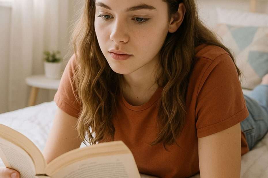 Adolescente leyendo un libro de misterio juvenil tumbada en la cama, disfrutando de la lectura de un thriller para adolescentes.