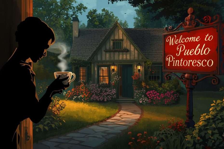 Silueta de una mujer sosteniendo una taza de café mientras observa una casa acogedora bajo un cartel que dice “Welcome to Pueblo Pintoresco”. Imagen con atmósfera de misterio y humor inspirada en la novela negra.