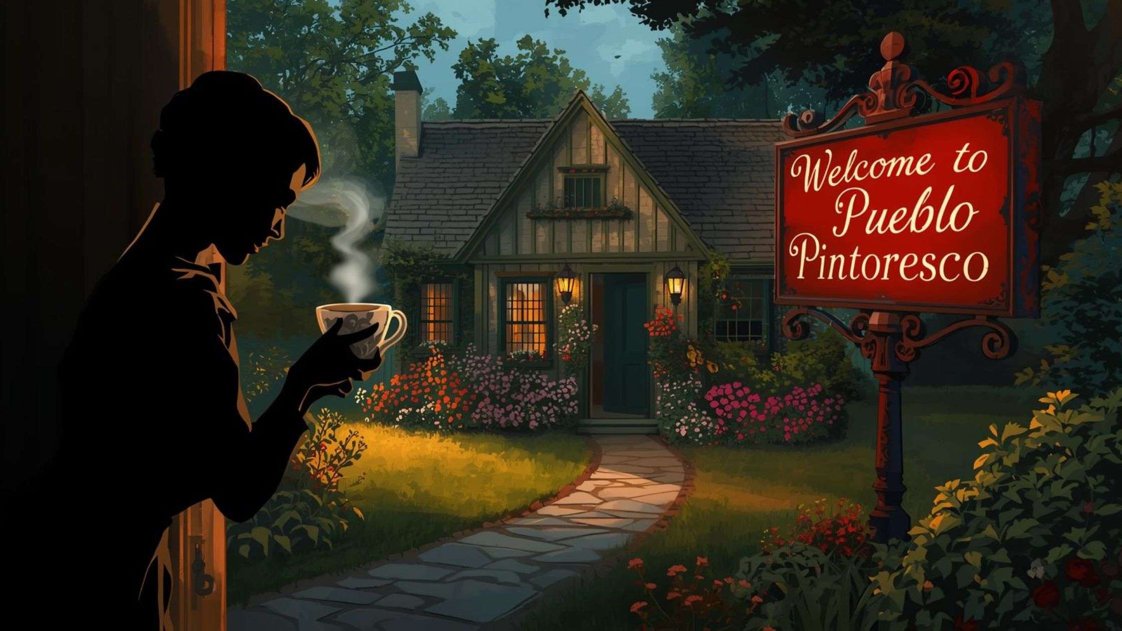 Silueta de una mujer sosteniendo una taza de café mientras observa una casa acogedora bajo un cartel que dice “Welcome to Pueblo Pintoresco”. Imagen con atmósfera de misterio y humor inspirada en la novela negra.