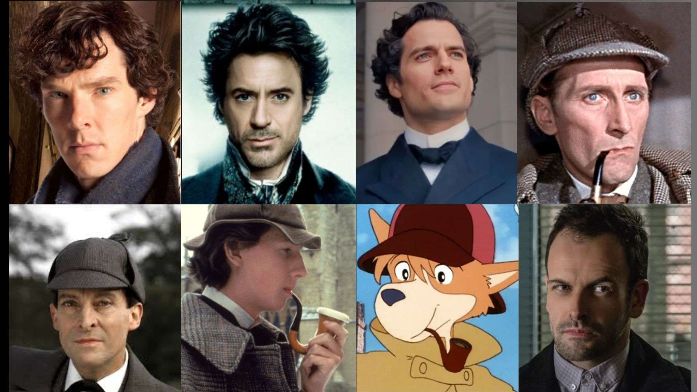 Benedict Cumberbatch, Robert Downey Jr., Henry Cavill, Peter Cushing y Basil Rathbone como Sherlock Holmes
