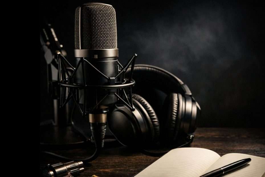 Micrófono de estudio tipo condensador con auriculares grandes, sobre mesa de madera oscura, junto a cuaderno abierto con bolígrafo. Iluminación lateral tenue y fondo oscuro crean una estética noir perfecta para podcasts de novela negra