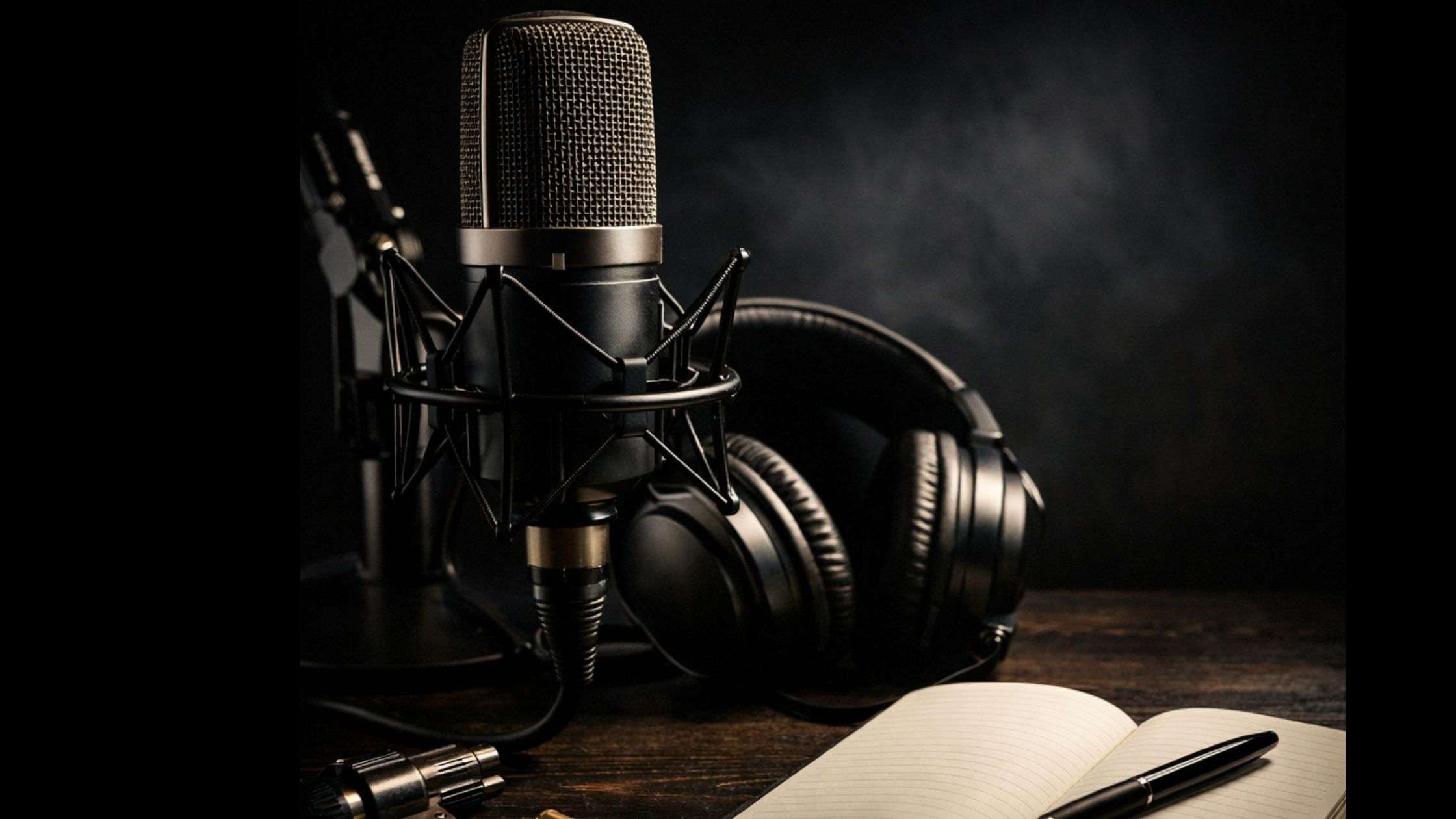 Micrófono de estudio tipo condensador con auriculares grandes, sobre mesa de madera oscura, junto a cuaderno abierto con bolígrafo. Iluminación lateral tenue y fondo oscuro crean una estética noir perfecta para podcasts de novela negra