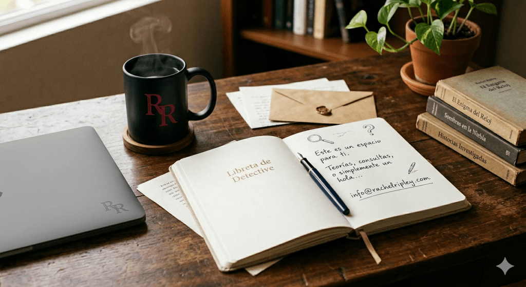 Escritorio de madera acogedor con un portátil, una taza negra grande con las iniciales 'RR' en rojo y una libreta abierta titulada 'Libreta de Detective' con una pluma.
