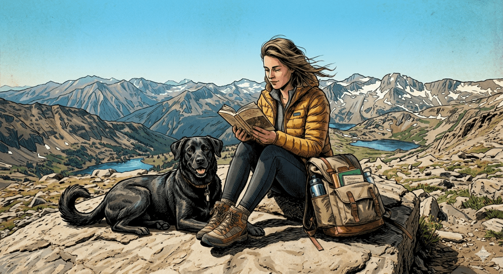 Línea editorial y colaboraciones Ilustración estilo cómic de Rachel Ripley, lectora de novela negra, leyendo un libro en la cima de una montaña junto a su perro negro.