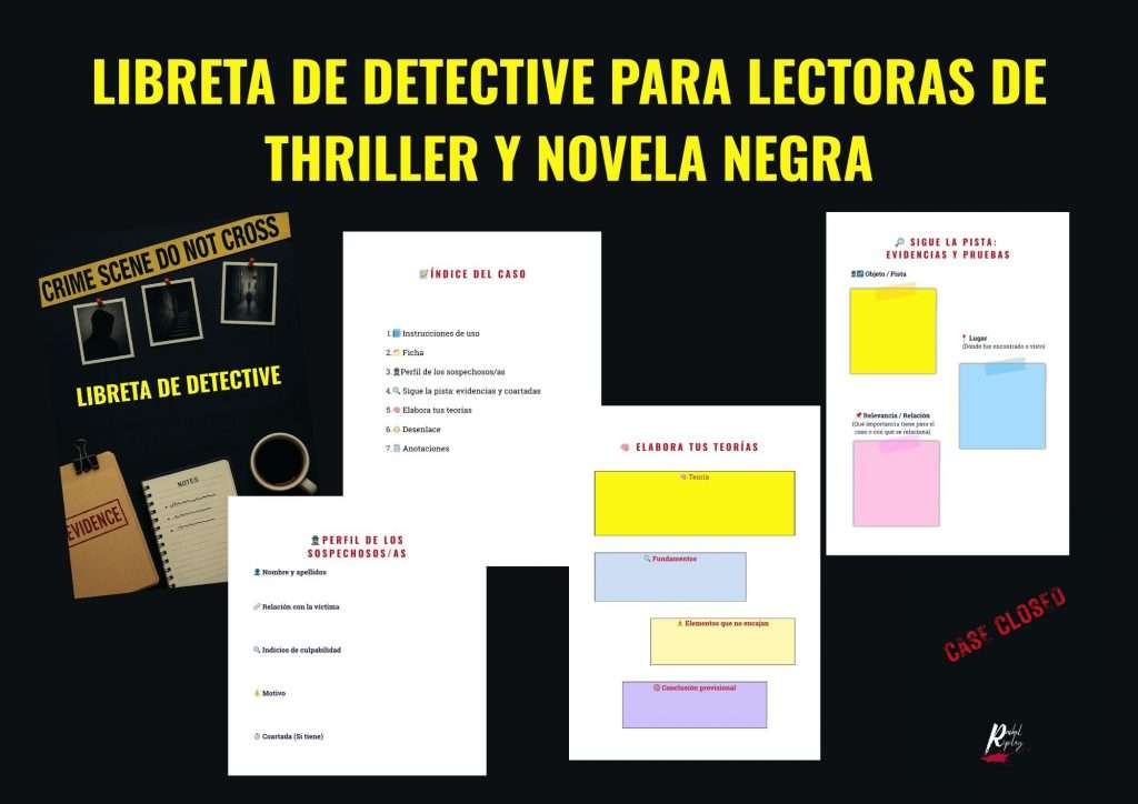 Páginas interiores de la libreta de investigación digital para lectoras de thriller con secciones de perfil de sospechosos, evidencias y teorías del caso.