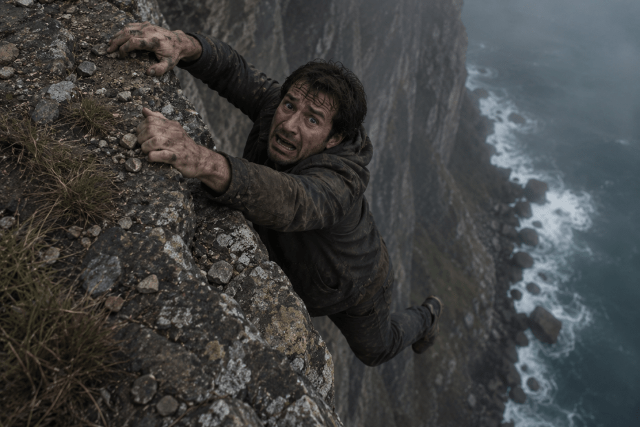 Hombre colgando de acantilado cliffhanger