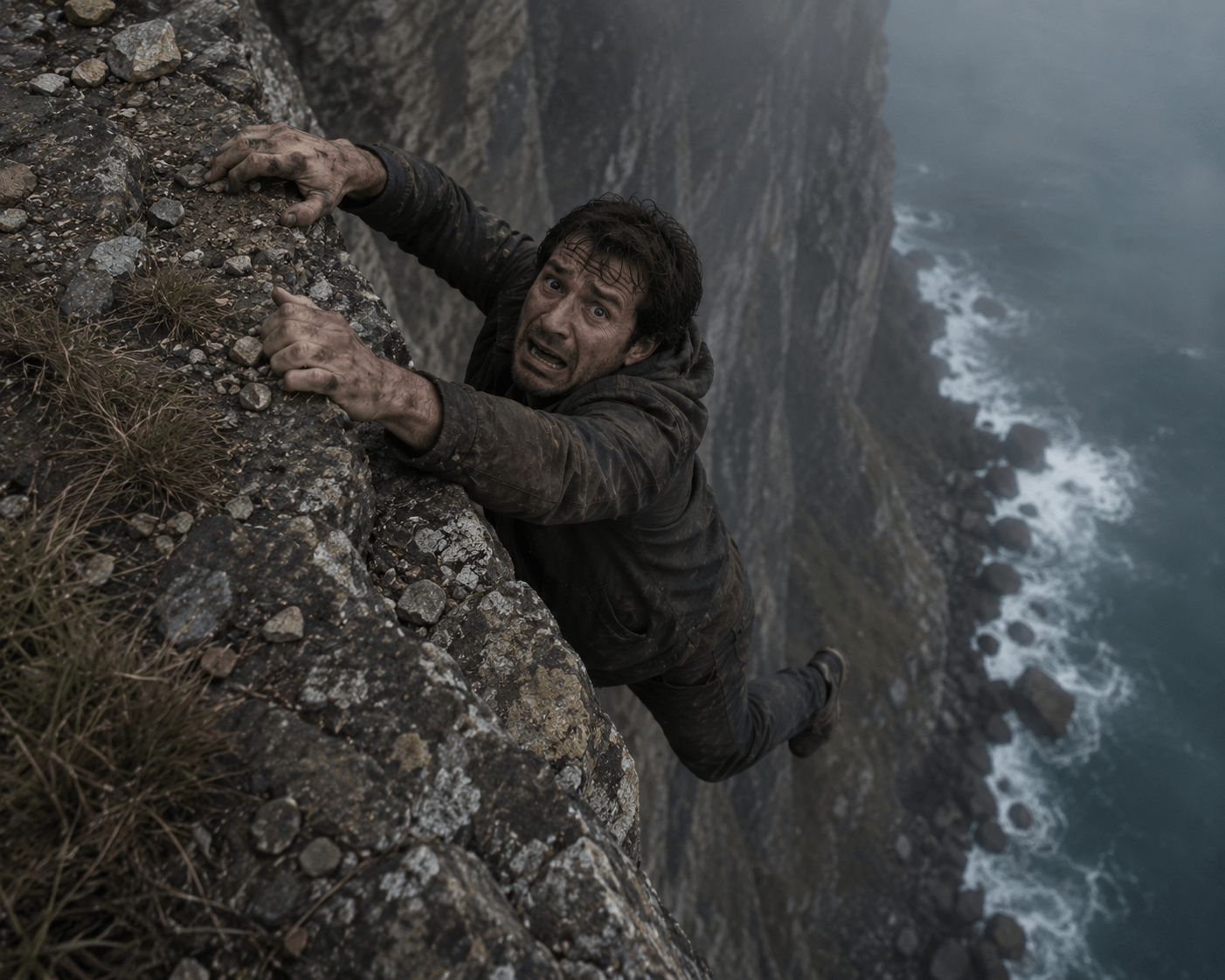 Hombre colgando de acantilado cliffhanger