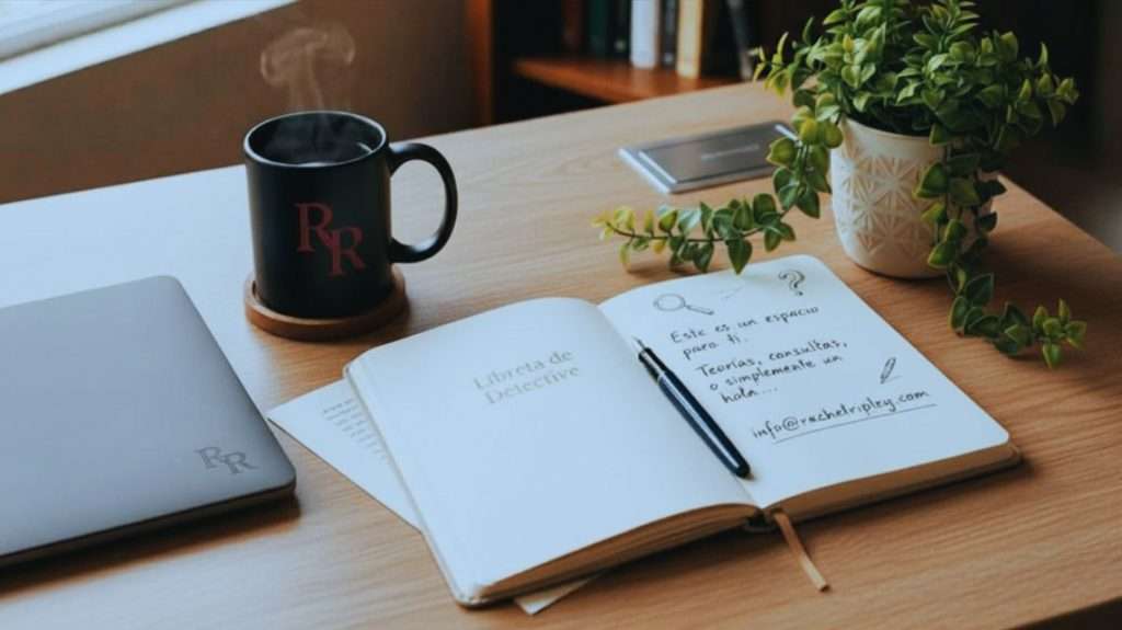 Escritorio de la autora de thriller y novela negra Rachel Ripley con taza de café humeante y portátil con su logo
