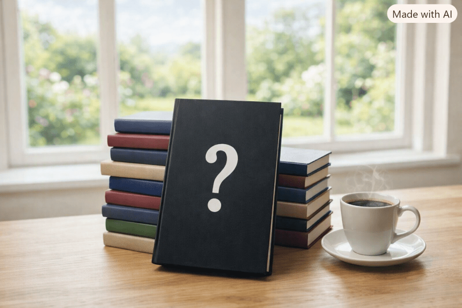 Mejores thriller 2026 Pila de libros con cubiertas de colores sobre una mesa de madera clara junto a una taza de café humeante. El libro superior, de tapa negra, muestra un gran interrogante blanco. Al fondo, una ventana deja ver un jardín verde y soleado, creando una atmósfera acogedora y luminosa que invita a leer y participar.