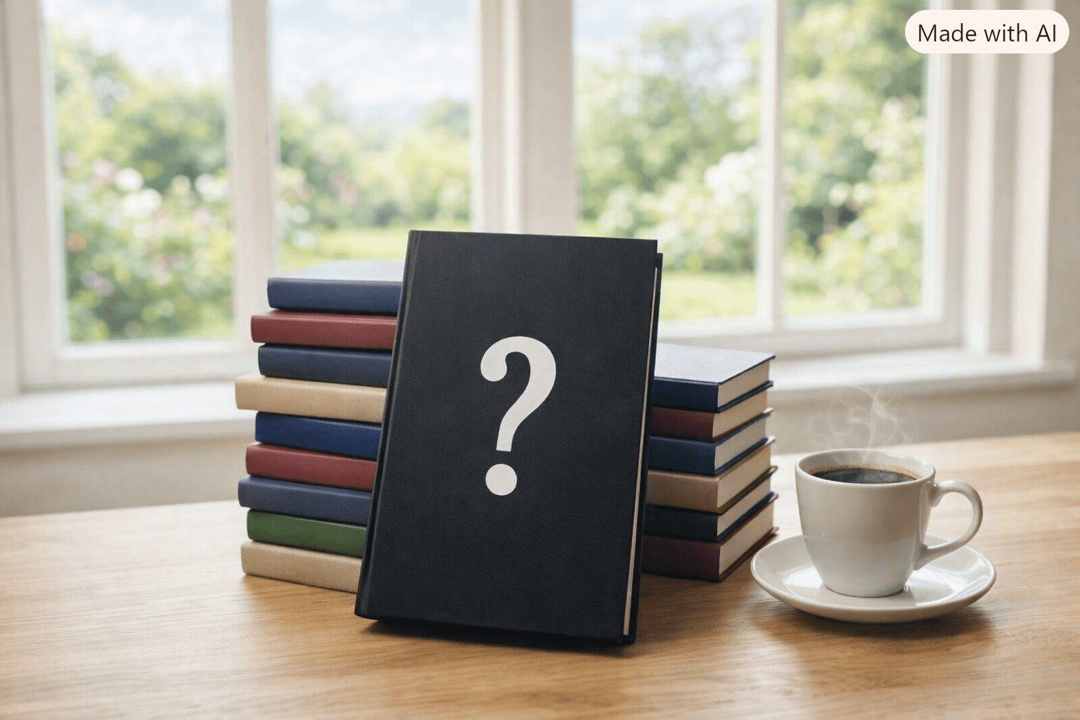 Mejores thriller 2026 Pila de libros con cubiertas de colores sobre una mesa de madera clara junto a una taza de café humeante. El libro superior, de tapa negra, muestra un gran interrogante blanco. Al fondo, una ventana deja ver un jardín verde y soleado, creando una atmósfera acogedora y luminosa que invita a leer y participar.