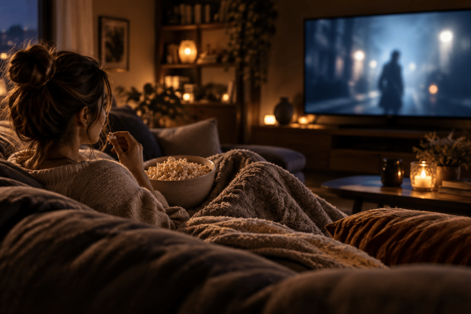 Mujer envuelta en una manta, sentada en un sofá con un bol de palomitas mientras ve la televisión en un salón acogedor durante la noche. Mejores series basadas en thrillers