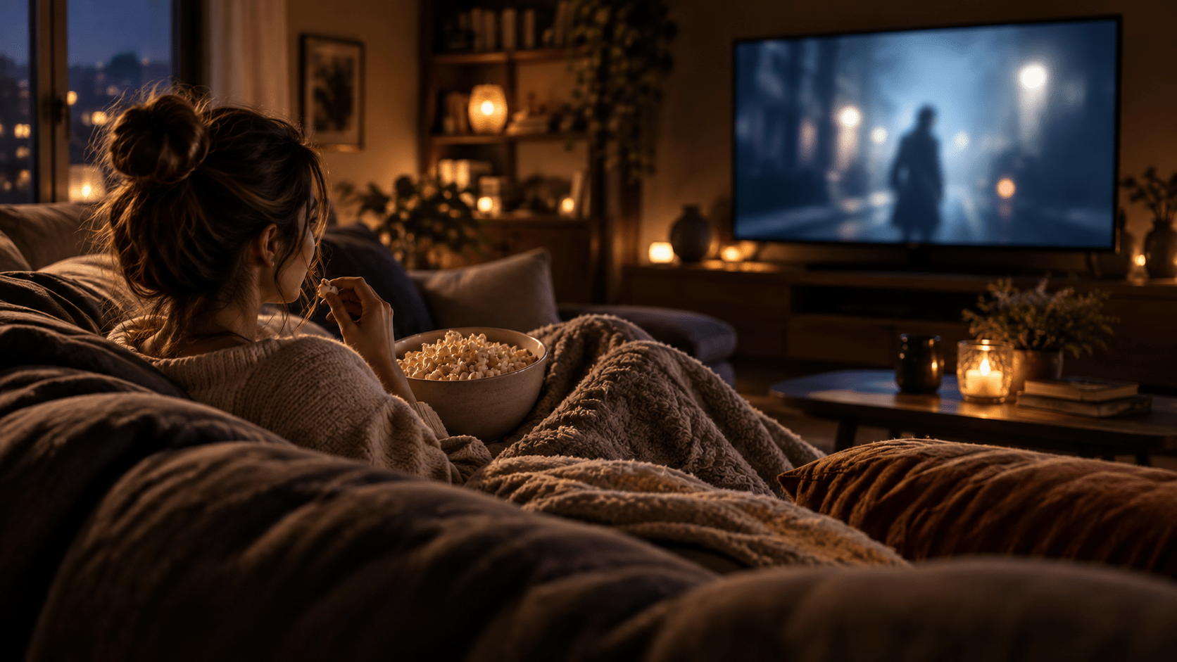 Mujer envuelta en una manta, sentada en un sofá con un bol de palomitas mientras ve la televisión en un salón acogedor durante la noche. Mejores series basadas en thrillers