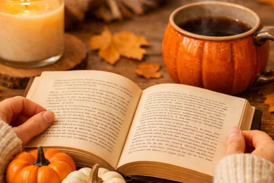 Portada de la entrada Cozy crime para leer en Halloween. Fotografía acogedora de otoño con una persona leyendo un libro sobre una mesa de madera rústica, acompañada de una taza de té humeante, mini calabazas decorativas, hojas secas y una vela encendida que ilumina suavemente el ambiente.