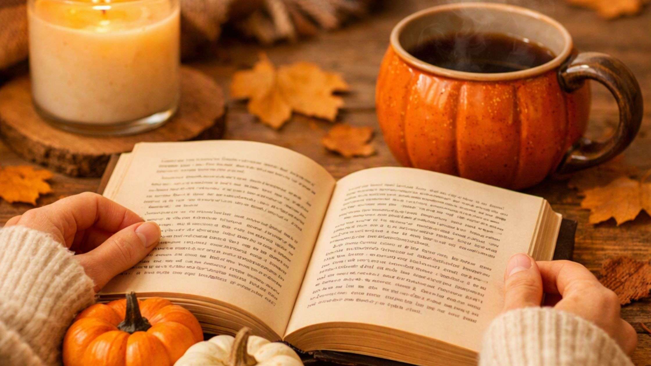 Portada de la entrada Cozy crime para leer en Halloween. Fotografía acogedora de otoño con una persona leyendo un libro sobre una mesa de madera rústica, acompañada de una taza de té humeante, mini calabazas decorativas, hojas secas y una vela encendida que ilumina suavemente el ambiente.