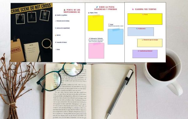 Libreta de Investigación de Rachel Ripley: portada estilo noir y páginas para anotar sospechosos, pistas y teorías, junto a un libro abierto y una taza de té